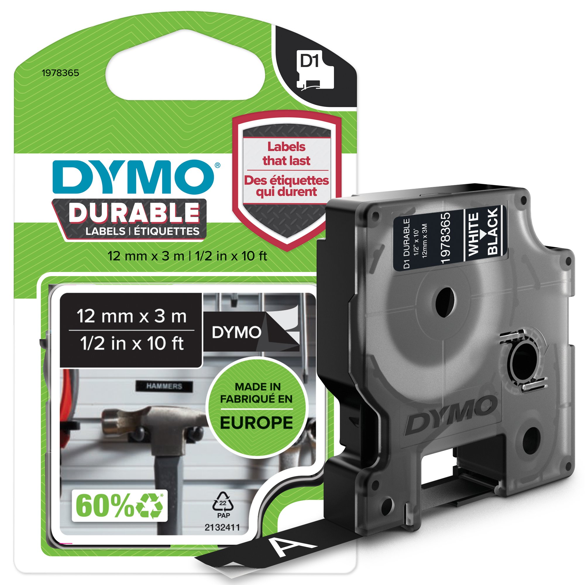Dymo D1 Wht on Blk 12mm x 3m