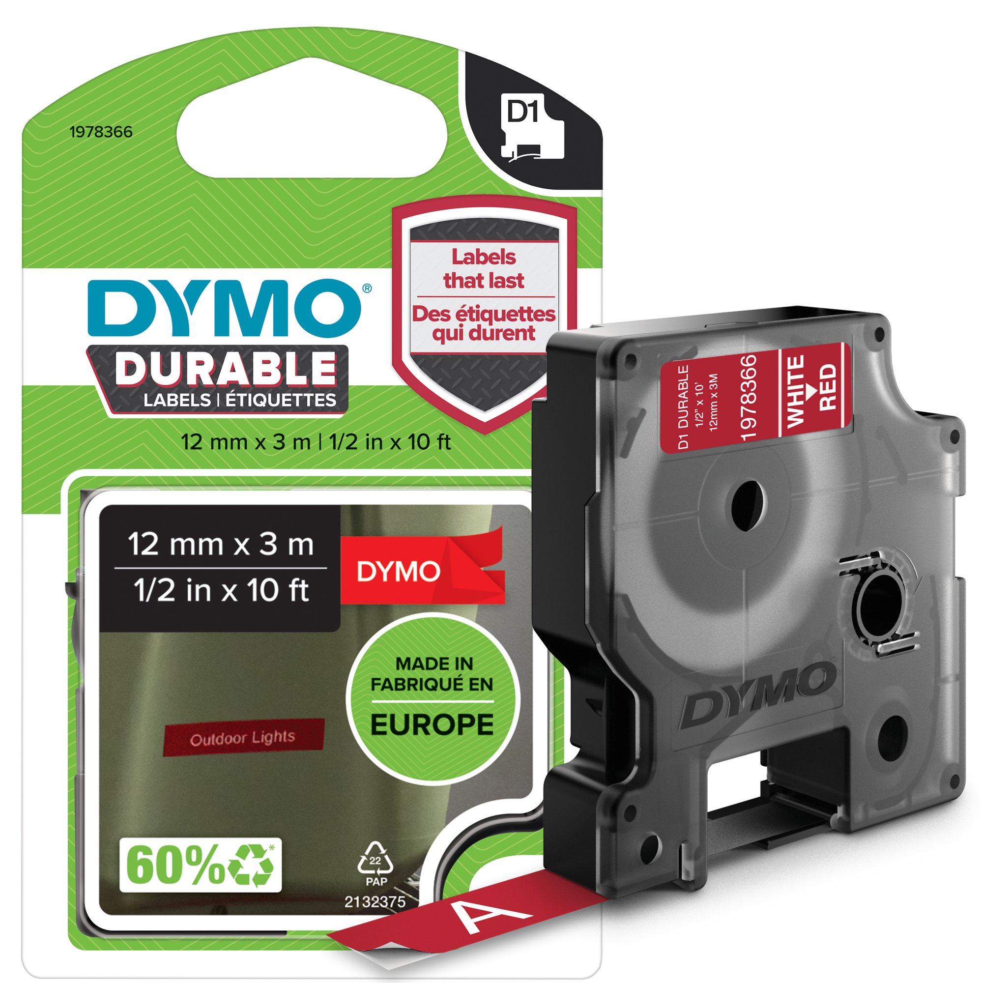 Dymo D1 Wht on Red 12mm x 3m