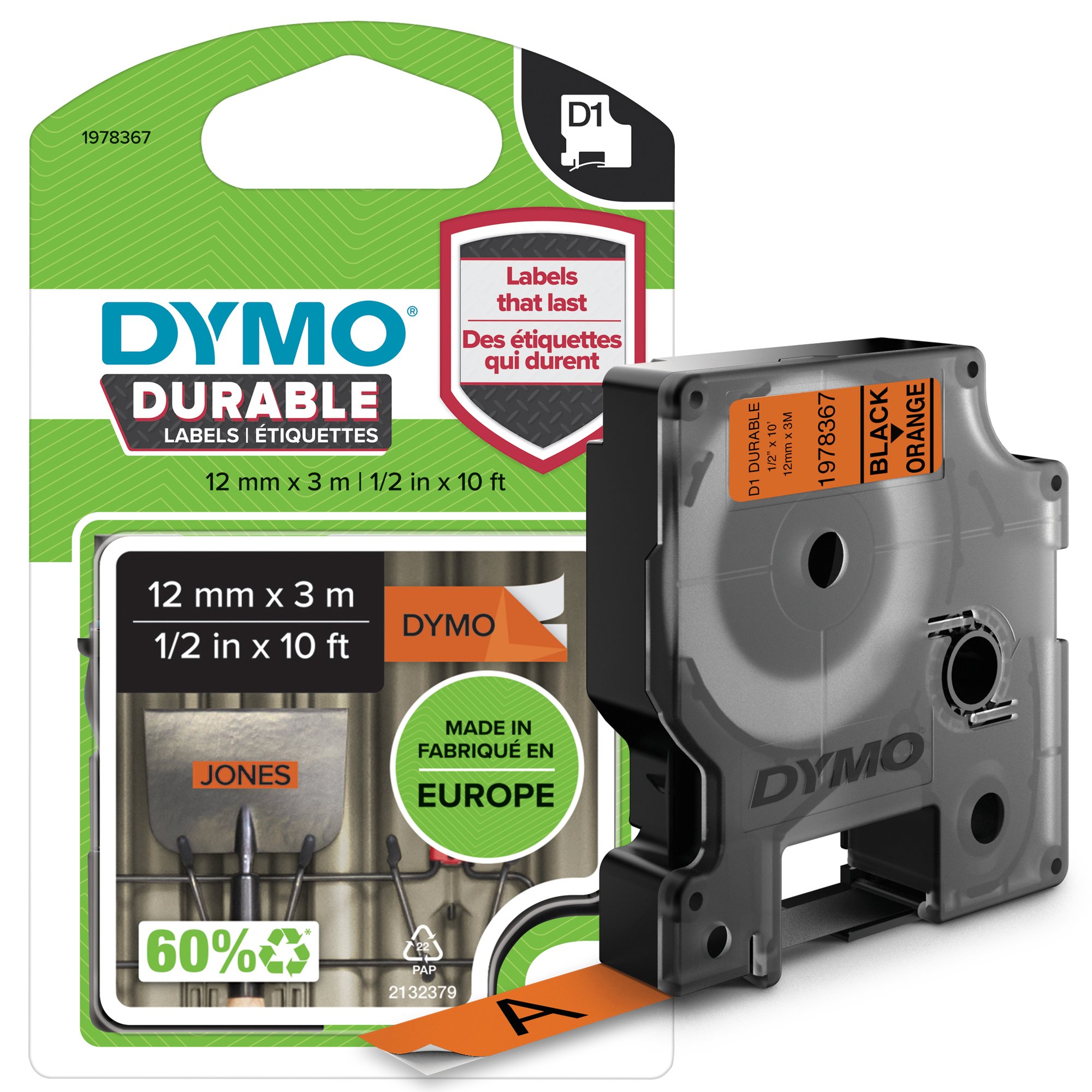 Dymo D1 Blk on Orn 12mm x 3m
