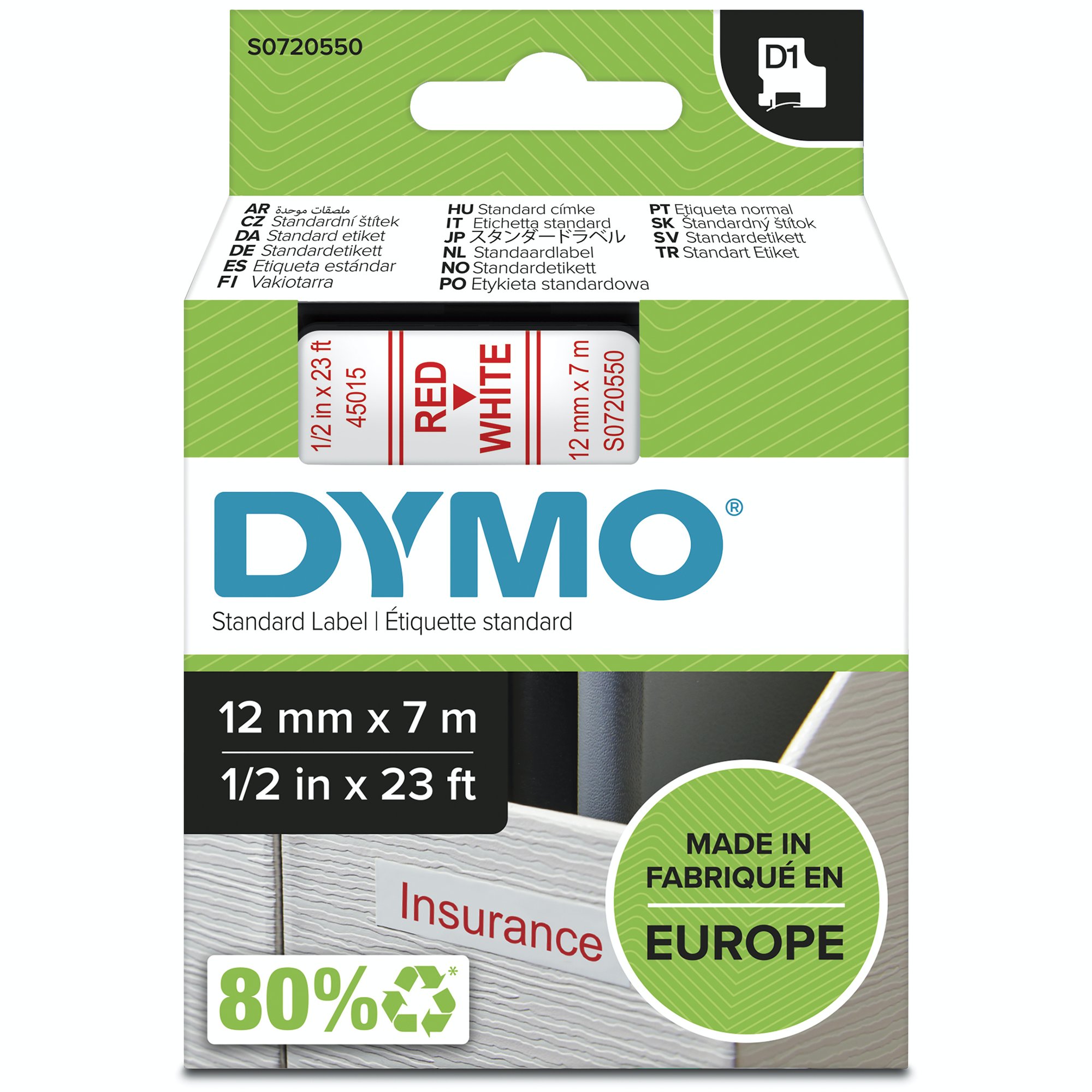 Dymo Red on Wht 12mmx7m Tape