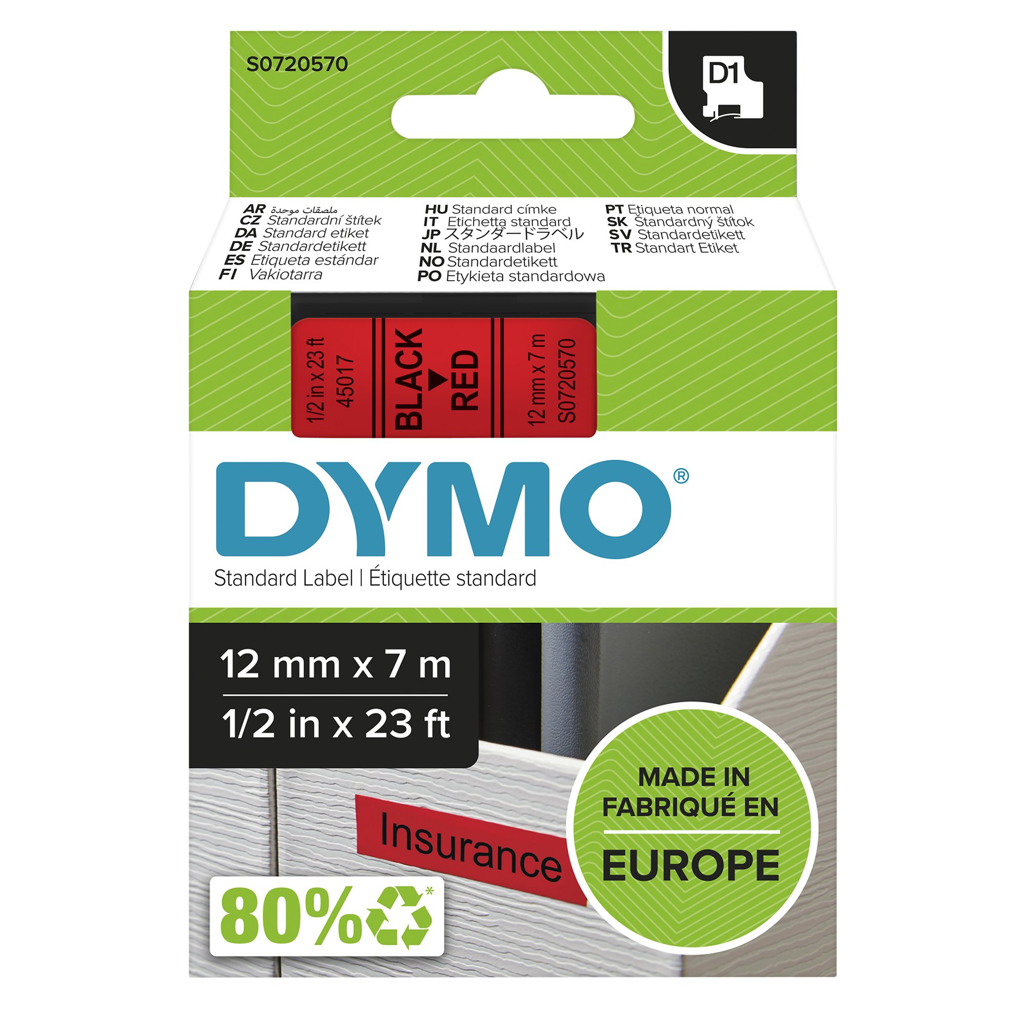 Dymo Blk on Red 12mmx7m Tape