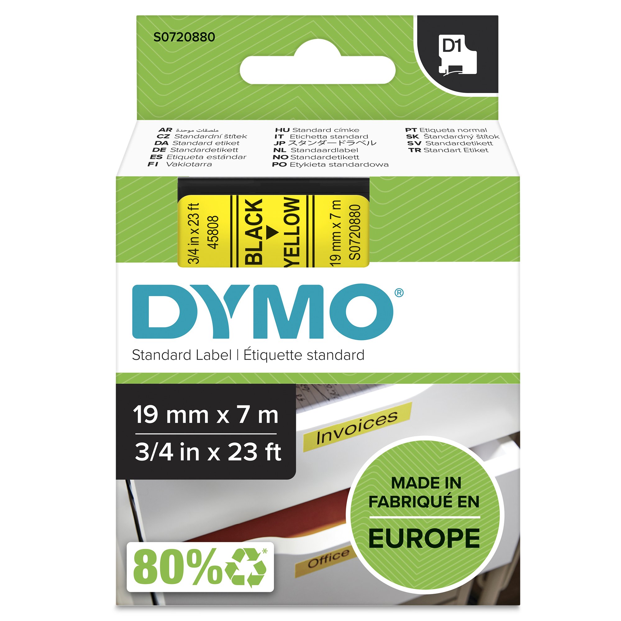Dymo Blk on Yell 19mmx7m Tape