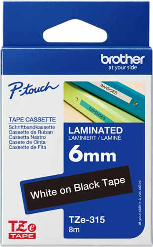 Brother TZe-315 6mm x 8m White on Black Tape