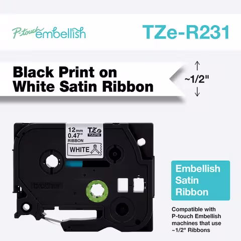 Brother TZe-R231 12mm x 4m Black on White Ribbon Tape