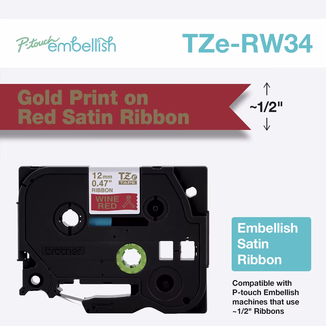 Brother TZe-RW34 12mm x 4m Gold on Wine Red Ribbon Tape