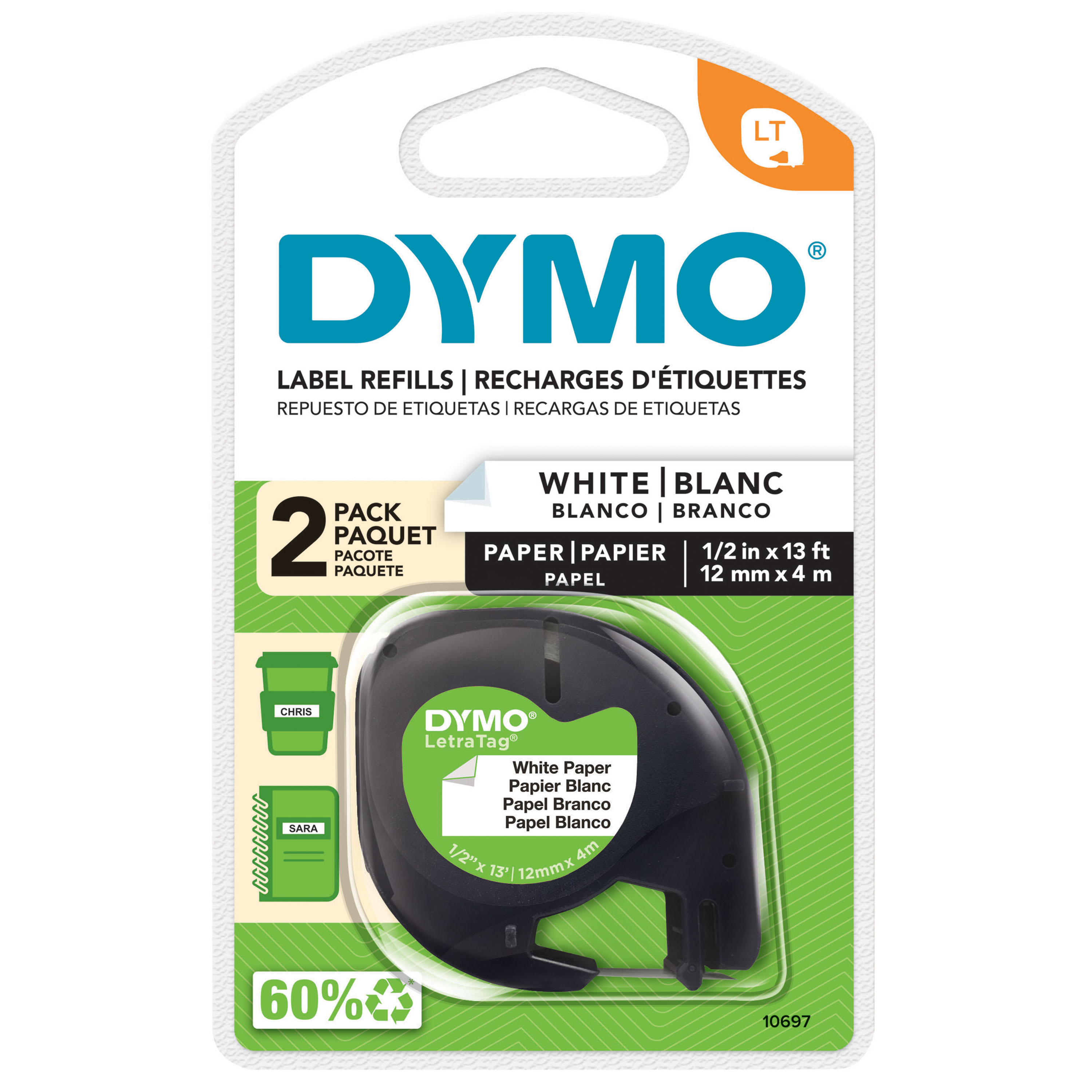 Dymo LT Paper 12mm x 4m Wh 2pk