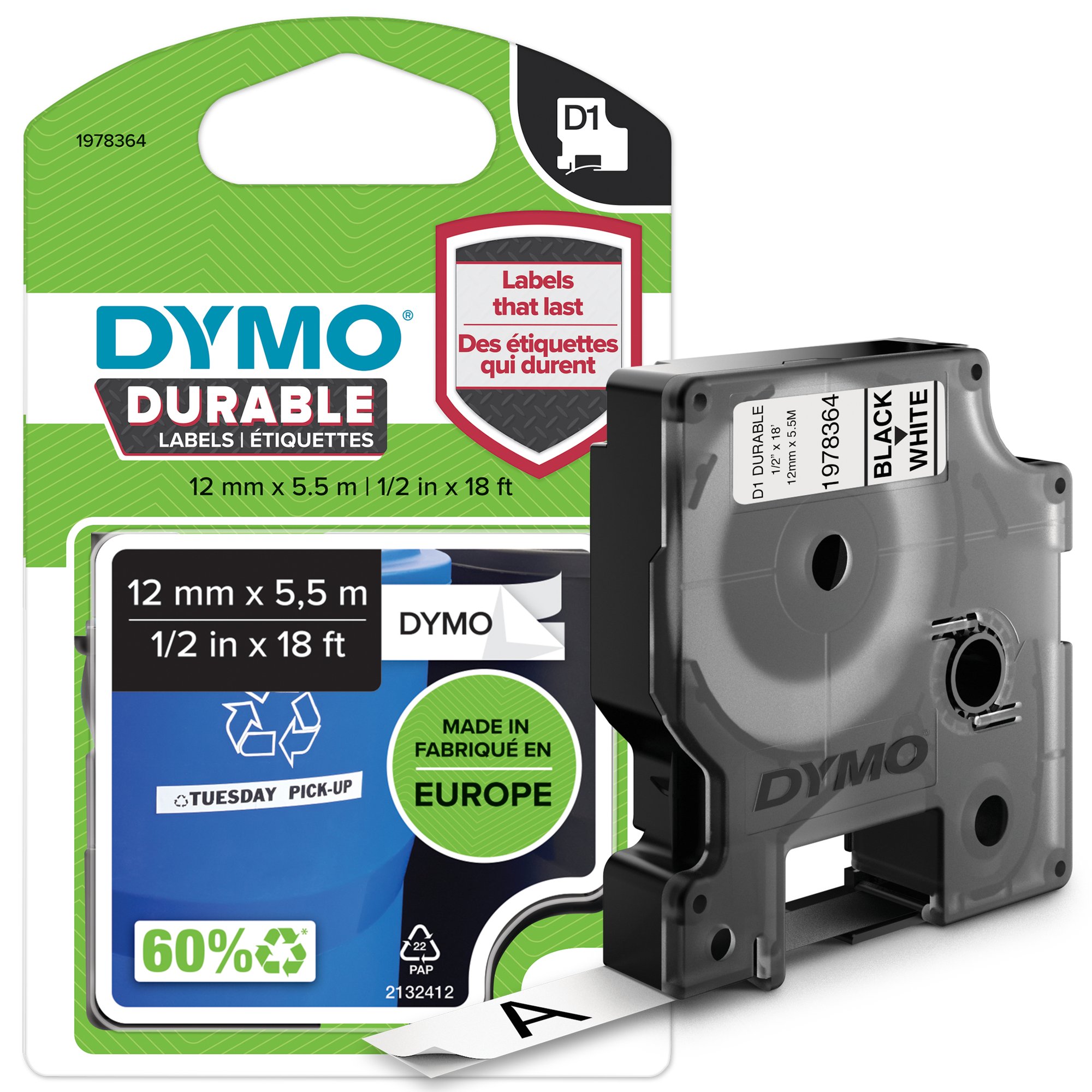 Dymo D1 Blk on Wht 12mm x 5.5m