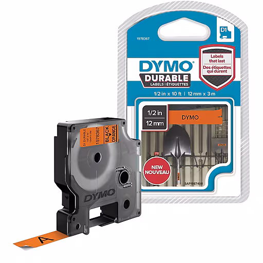 Dymo D1 Blk on Orn 12mm x 3m