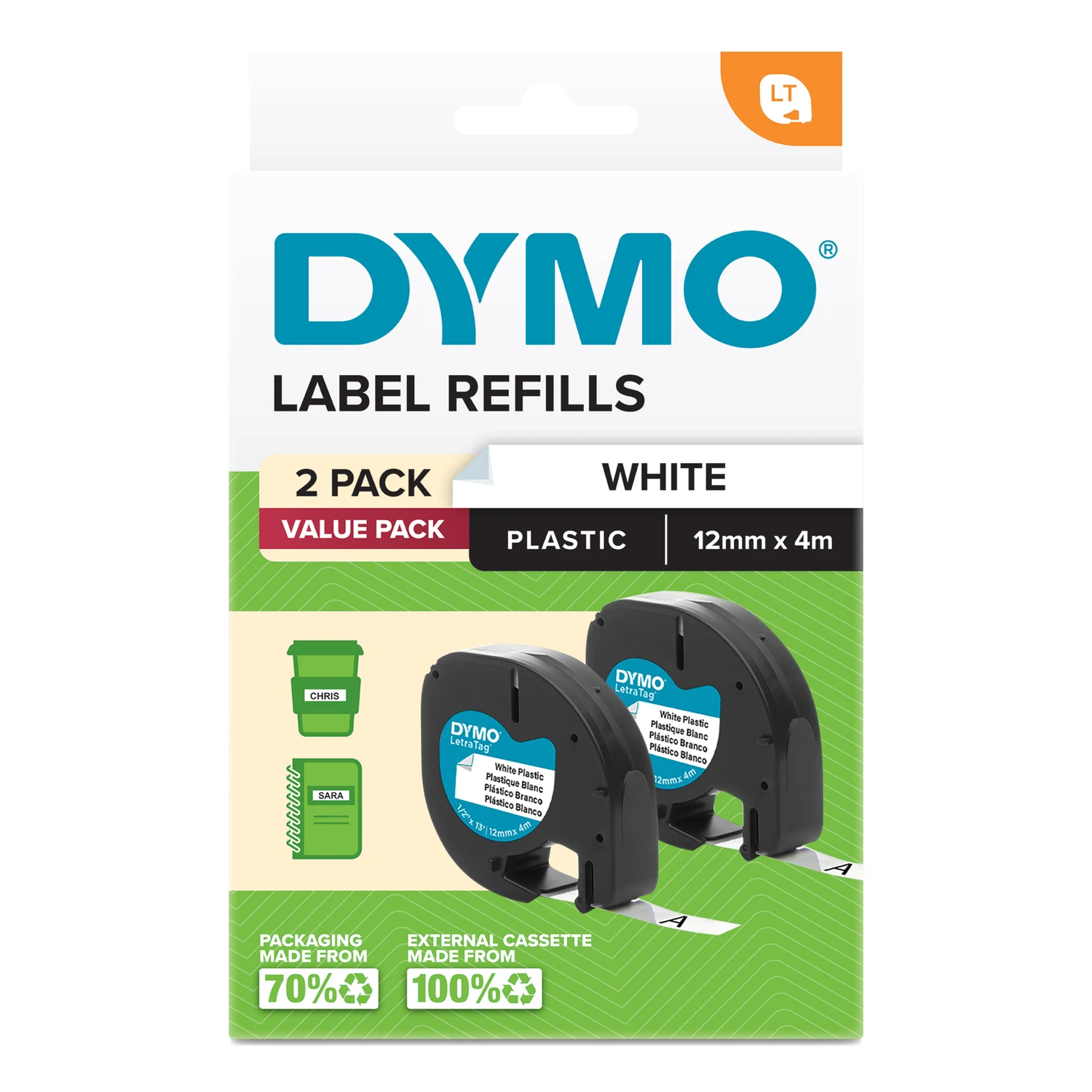 Dymo LetraTag PlasTape Wht Pk2