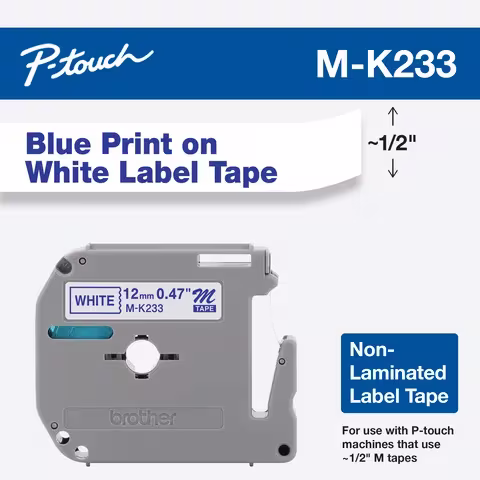 Brother MK-233 12mm x 8m Blue on White M Label Tape