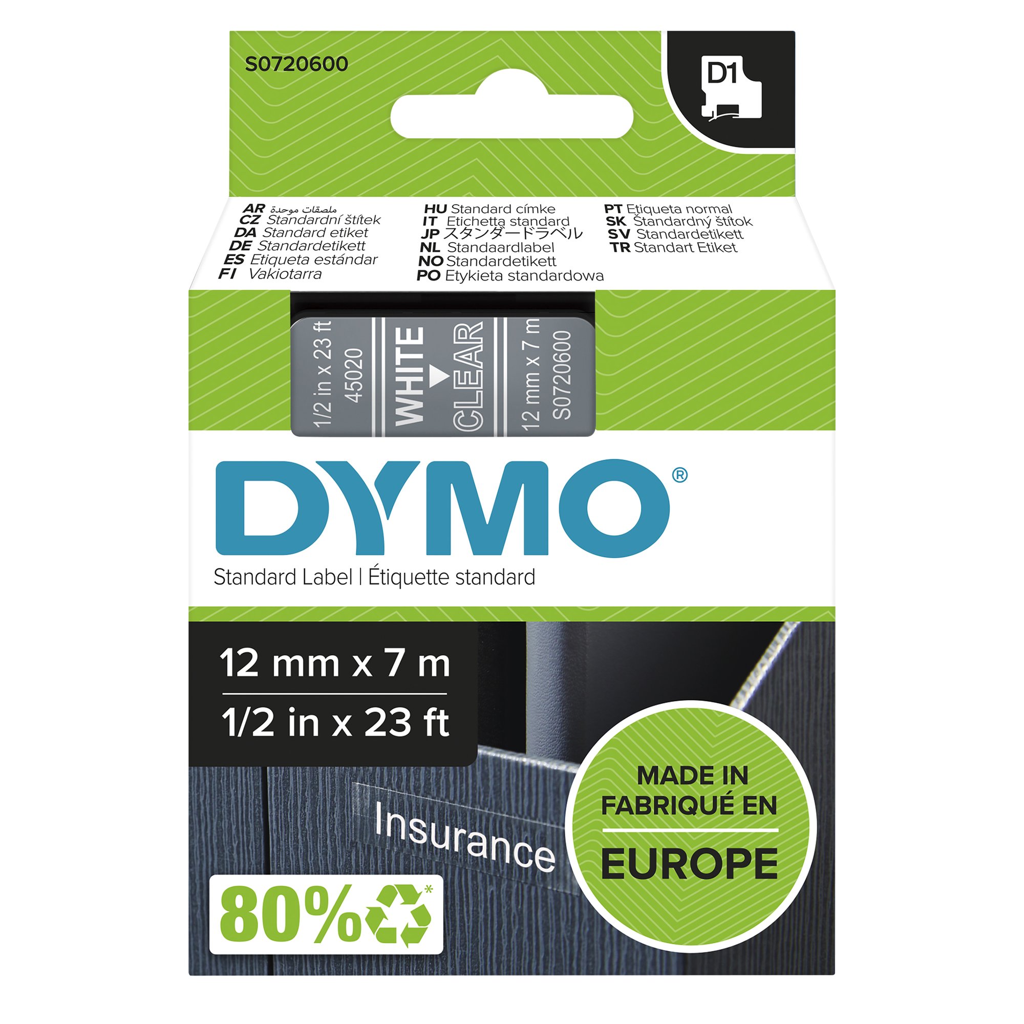 Dymo Wht on Clr 12mmx7m Tape