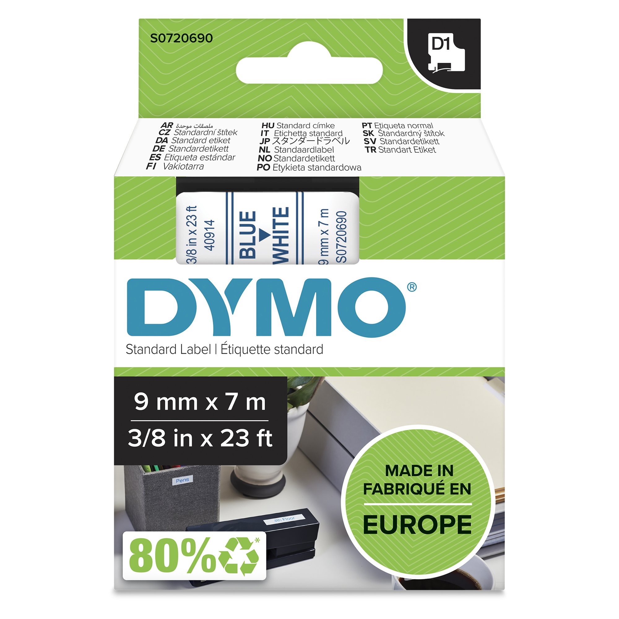 Dymo Blue on Wht 9mm x7m Tape
