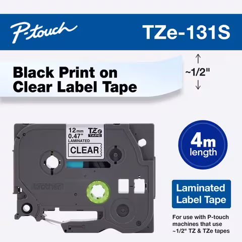 Brother TZe-131S 12mm x 4m Black on Clear Laminated Tape
