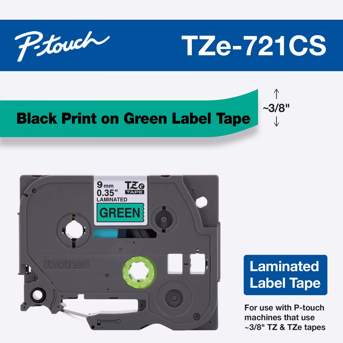 Brother TZe-721 9mm x 8m Black on Green Tape