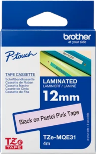 Brother TZe-MQE31 12mm x 4m Black on Pastel Pink Tape