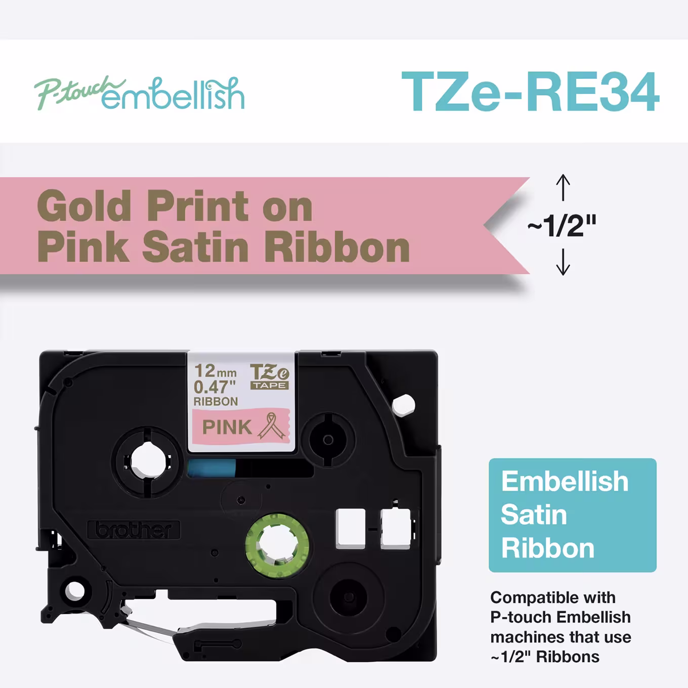 Brother TZe-RE34 12mm x 4m Gold on Pink Ribbon Tape